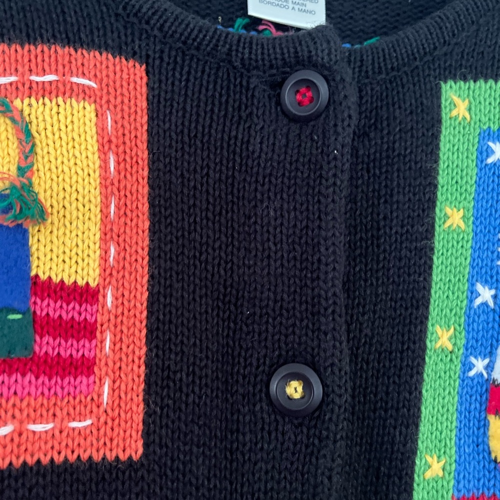 Susan Bristol Petites Colorful Black Embroidered Cats Sweater Cardigan Sz PLarge - Picture 5 of 12